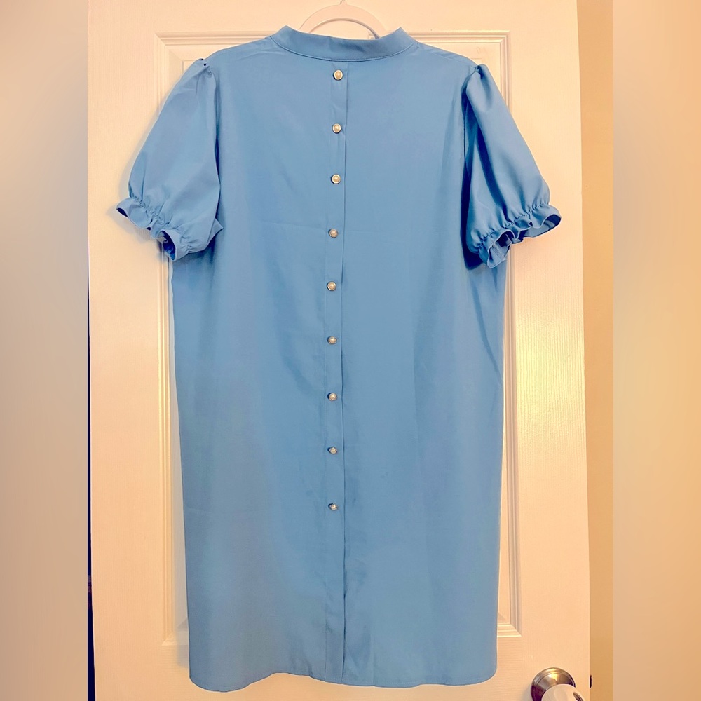 Button back puff sleeve tunic dress